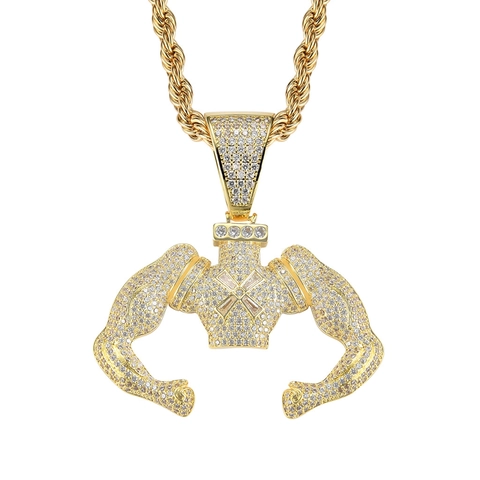 Hip Hop Muscle Man Pendant Necklace For Men Copper Micro Pave Zirconia Iced Out Cross Torso Jewelry With 60cm Rope Chain