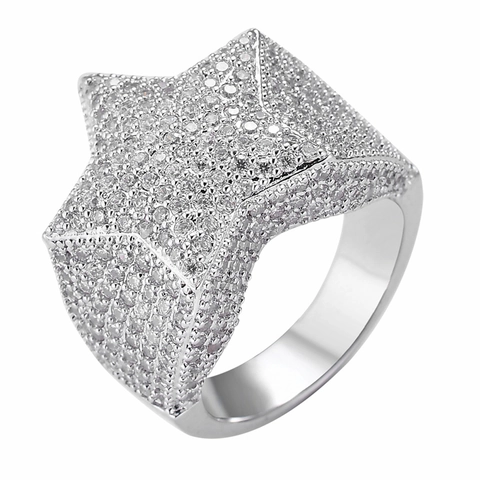 Hip Hop Men Signet Ring Copper With Zirconia Large Star Design Iced Out Micropave Craft Gold Silver Plated Fashion Jewelry