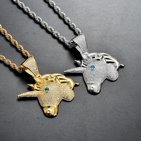 Hip Hop Eenhoorn Hoofd Hanger Halsketting Voor Heren Micro Pave Zirconia Koper Iced Out Dieren Sieraden Met 60cm Roestvrij Stalen Ketting