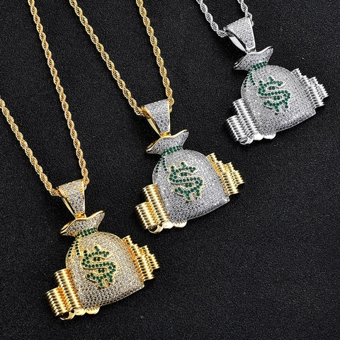 Hip Hop Men Money Bag Pendant Necklace Copper Inlaid Zirconia Dollar Sign Charm Rope Chain Streetwear Fashion Jewelry Gift