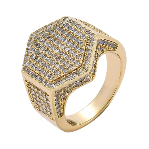 Anello con Sigillo Esagonale Uomo Hip Hop Iced Out Micro Pavé Zirconia Rame Geometrico Oro Argento Colore Gioielli Moda