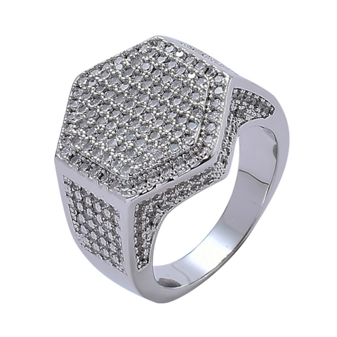 Anello con Sigillo Esagonale Uomo Hip Hop Iced Out Micro Pavé Zirconia Rame Geometrico Oro Argento Colore Gioielli Moda