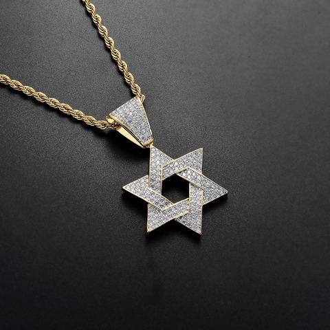 Iced Out Star Of David Pendant Necklace For Men Gold Plated Copper Zirconia Hexagram Hip Hop Jewelry With Stainless Steel Rope Chain