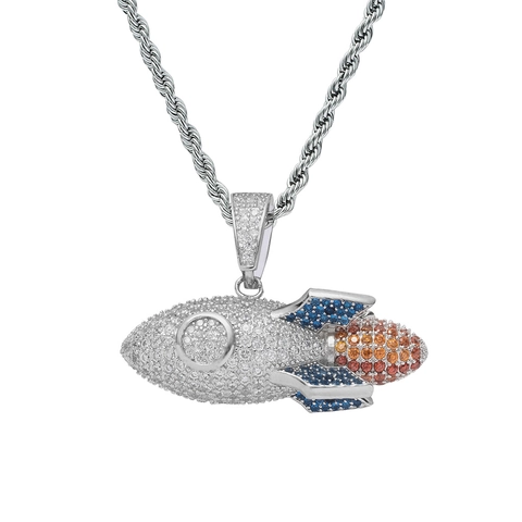 Hip Hop 925 Sterling Silver Rocket Pendant Necklace With Stainless Steel Rope Chain Colorful Zirconia Micro Pave Jewelry