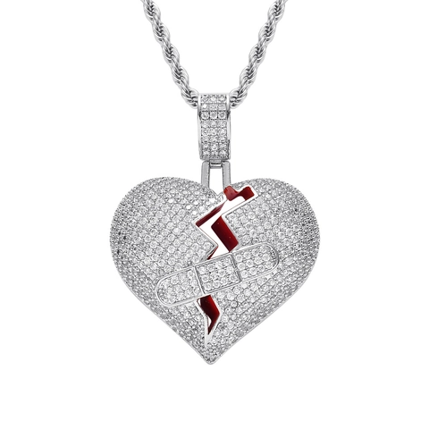 Collana con Ciondolo a Cuore Spezzato Hip Hop con Benda in Zirconia Micro Pavé Catena a Corda in Acciaio Inossidabile Gioielli in Rame