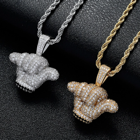 Collier Pendentif Hip Hop Shaka Hand Iced Out Pour Hommes Bijoux En Cuivre Zircon Gant Avec Chaîne Torsadée En Acier Inoxydable