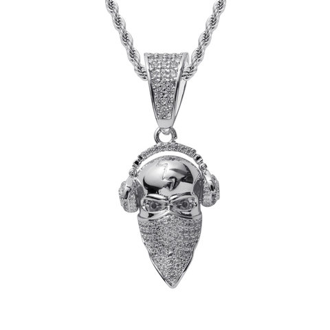 Iced Out Skull Headphone Mask Pendant Necklace Hip Hop Jewelry For Men Women Copper Zircon Streetwear Rope Chain Necklaces