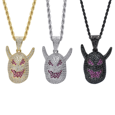 Hip Hop Kupfer Zirkonia Teufelsmaske Anhänger Halskette Iced Out Monster Lachendes Gesicht Halskette Personalisierter Rapper Schmuck Für Herren Damen