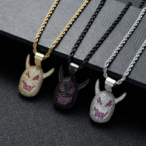 Hip Hop Kupfer Zirkonia Teufelsmaske Anhänger Halskette Iced Out Monster Lachendes Gesicht Halskette Personalisierter Rapper Schmuck Für Herren Damen