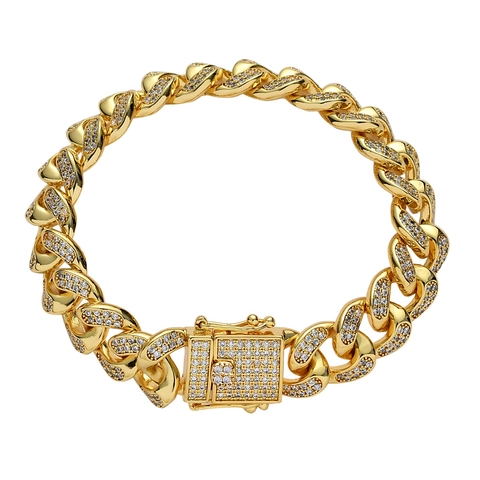 12mm Iced Out Cuban Link Bracelet For Men Hip Hop Pave Zirconia Copper Bracelet Gold Silver Plated Streetwear Jewelry
