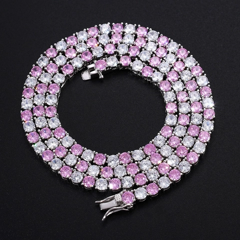 Hip Hop Zirconia Tennis-ketting Koper Verguld Enkele Rij Roze Wit Zirconia Halsketting Voor Mannen Vrouwen Sieraden