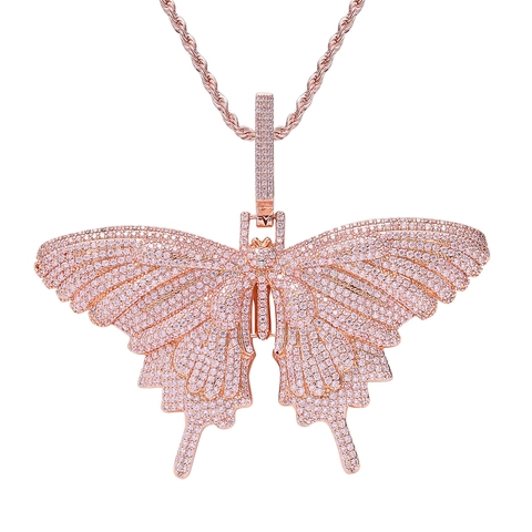 Collar con Colgante de Mariposa Iced Out para Hombre Mujer Hip Hop Circonia Rosa Cobre Chapado en Oro Rosa Joyería