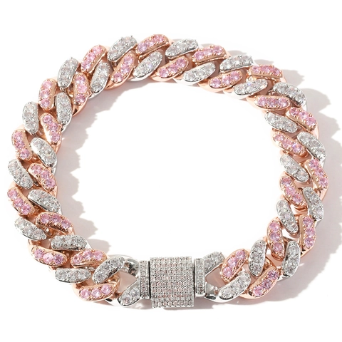 Bracciale a Maglia Cubana Hip Hop Iced Out in Rame Placcato Oro 18K Micro Pavè Zirconia Rosa Bianco Gioielli Uomo Donna