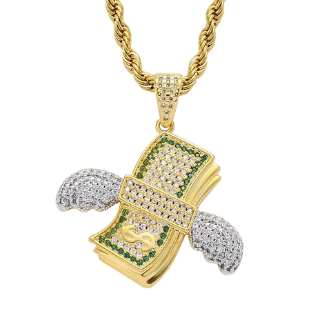 Hip Hop Winged Dollar Bill Pendant Necklace Micro Pave Zirconia 18K Gold Plated Copper Rope Chain Men Jewelry