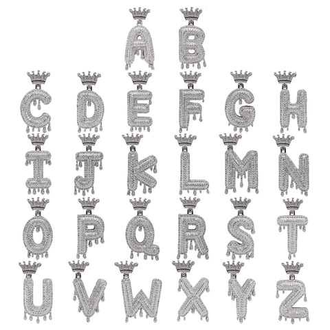 Hip Hop Crown Drip Initial Letter Pendant Necklace For Men Iced Out Zirconia Copper Stainless Steel Rope Chain Jewelry