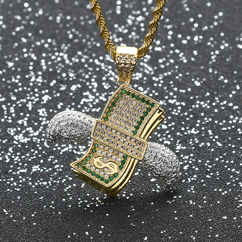 Hip Hop Winged Dollar Bill Pendant Necklace Micro Pave Zirconia 18K Gold Plated Copper Rope Chain Men Jewelry