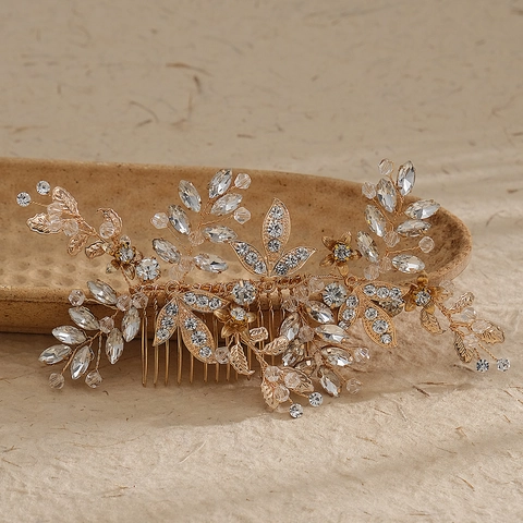 Pettine Capelli Sposa Vintage Lega Dorata Strass Foglie Copricapo Floreale Cristallo Per Matrimonio Banchetto Festa Donne