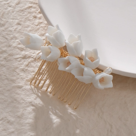 Pettine per Capelli a Fiori da Sposa Fatto a Mano Filo in Lega d'Oro Ceramica Mughetto Perla Artificial per Matrimonio Festa Donna Accessori per Capelli