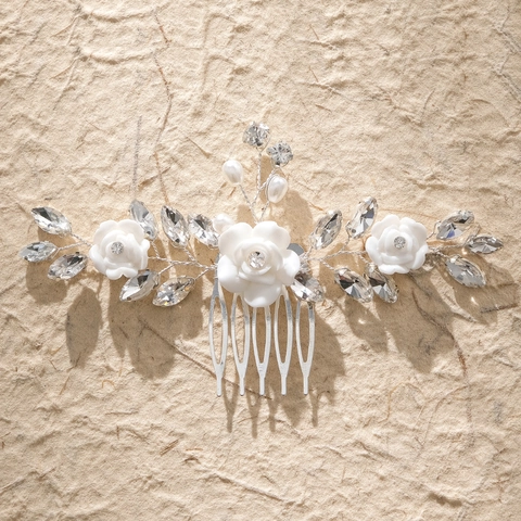 Pettine per Capelli da Sposa Fatto a Mano con Fiori in Lega Strass Künstliche Perle Accessori per Capelli Argento Elegante per Donne