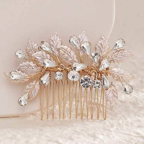 Peine para el Cabello de Novia Aleación Hoja Hecho a Mano Con Strass Vintage Oro Rosa Tocado de Boda Joyería para Mujer