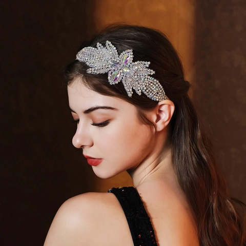 Vintage Rhinestone Elastic Headband Luxurious Hand Sewn Floral Hair Band For Wedding Banquet Women Hair Accessories