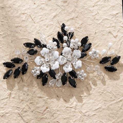 Pettine per Capelli da Sposa Fatto a Mano Vintage Con Strass Neri Perle Artificiali Accessori per Capelli Matrimonio Donna