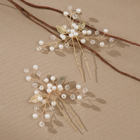 Forcine per Capelli da Sposa a Forma di U Fatte a Mano Con Perle Artificiali Strass Lega Foglia Matrimonio Donna