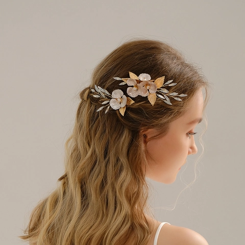 Pettine per Capelli Sposa Vintage in Lega Dorata Con Perla Artificiale e Strass Design a Foglia Floreale Copricapo Nozze Fatto a Mano Donna