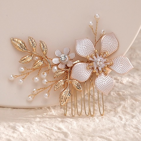 Pettine per Capelli Sposa Vintage in Lega Dorata Con Perla Artificiale e Strass Design a Foglia Floreale Copricapo Nozze Fatto a Mano Donna