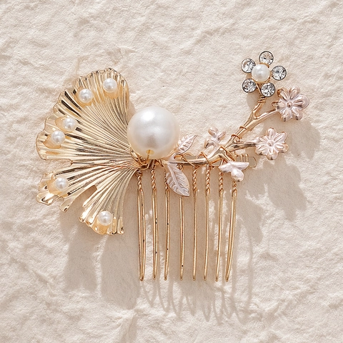 Pettine per Capelli da Sposa in Stile Cinese Vintage Foglia di Ginkgo Oro Lega Perle Artificiali Strass Accessorio per Sposa
