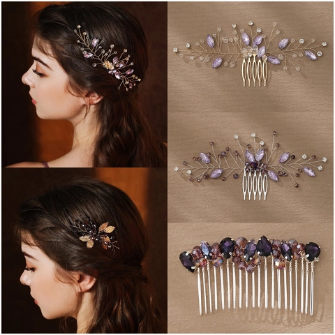 Handgefertigter Vintage Braut Haarkamm Lila Strass Blume Blatt Haareinsatz Gold Silber Hochzeit Haarschmuck Für Damen