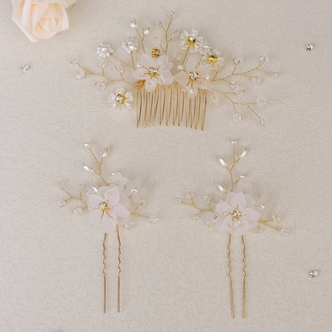 Accessori per Capelli da Sposa Fatti a Mano in Filo d'Oro con Perle Artificiali e Fiori Bianchi Pettine e Forcine