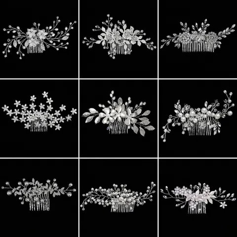 Handgefertigter Braut Haarkamm Eleganter Künstliche Perlen Strass Blumen Blatt Haarschmuck Für Hochzeit Bankett Party Damen Zubehör