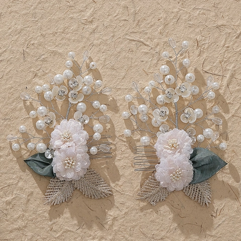 Set di Pettini per Capelli da Sposa Fatti a Mano Nuovo Stile Cinese Fiore di Tessuto Vintage Perla Artificiale Strass Accessori