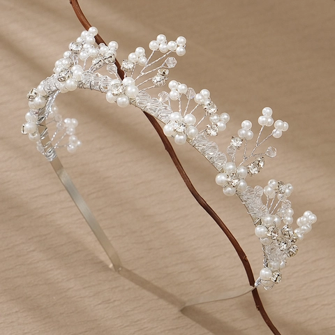 Tiara da Sposa Fatta a Mano Con Perle Artificiali Strass Cristallo Elegante Cerchietto Con Fiori e Foglie per Matrimonio Festa Donna Gioielli