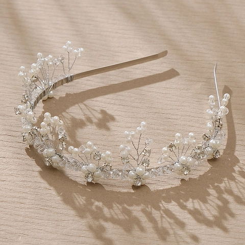 Tiara da Sposa Fatta a Mano Con Perle Artificiali Strass Cristallo Elegante Cerchietto Con Fiori e Foglie per Matrimonio Festa Donna Gioielli