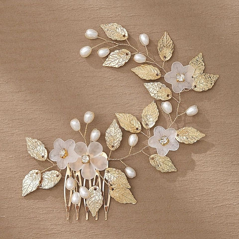 Pettine per Capelli Sposa Fatto a Mano Fiore Foglia Copricapo da Sposa Perla Artificiale Strass Accessori per Capelli Donna