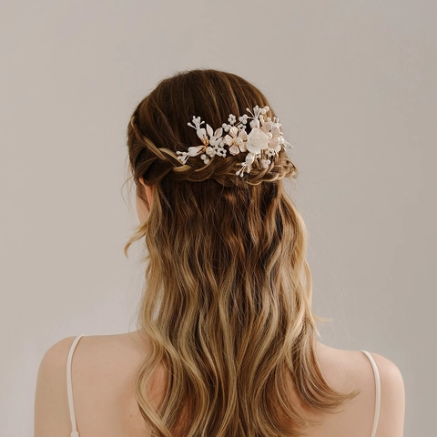 Pettine per Capelli Sposa Fatto a Mano Fiori in Pasta Modellabile Perla Artificiale Lega Foglia Vintage Gioielli per Matrimonio