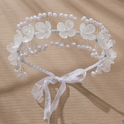 Handgefertigte Weiße Acryl Blume Braut Stirnband Mit Künstlichen Perlen Kristall Elegante Hochzeit Haarschmuck Für Damen