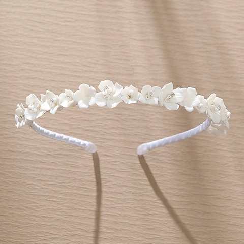 Serre-tête de Mariage Élégant en Pâte Polymère Blanche Fleurs Fait à la Main Avec Perles pour Femme Accessoires Cheveux