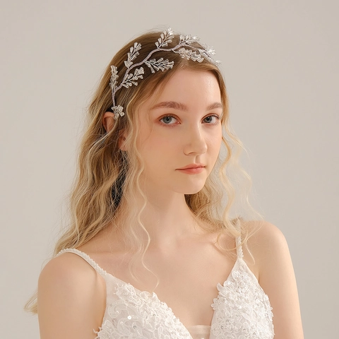 Cerchietto da Sposa con Perline di Cristallo Fatto a Mano Elegante Filo d'Argento Fiore Accessori per Capelli da Sposa per Donna