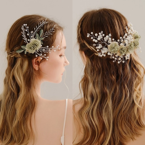 Fascia per Capelli da Sposa Artigianale Stile Foresta Cristallo Perla Artificiale Strass Fiore in Tessuto Verde Accessori Sposa