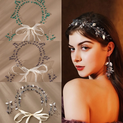 Handmade Bridal Headband Earrings Set Vintage Luxurious Artificial Pearl Rhinestone Hair Vine Leaf Wedding Accessories For Women