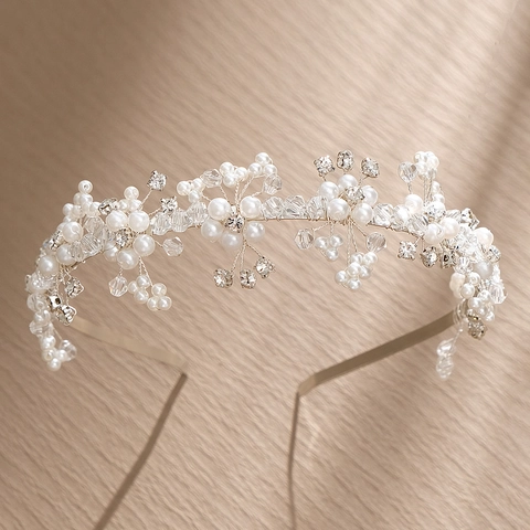 Serre-tête de Mariée Fait à la Main Avec Perles Artificielles Et Strass Cristal Design Floral Élégants Accessoires Cheveux Mariage Femme