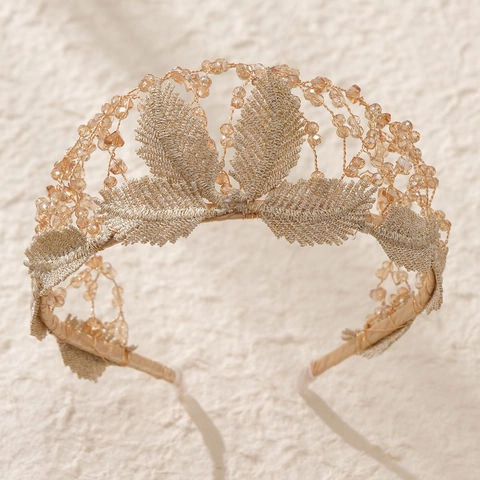 Handgefertigtes Vintage Braut Stirnband Gold Blatt Mit Champagner Künstliche Perlen Strass Hochzeit Haarschmuck Damen Luxus Kopfschmuck