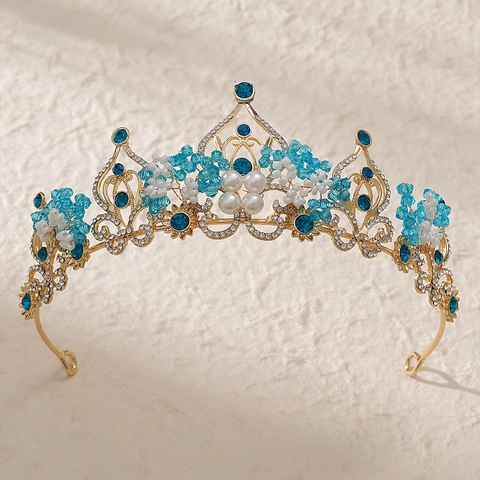 Baroque Retro Luxury Gold Alloy Crown Tiara With Blue Rhinestones Artificial Pearls Bridal Wedding Hair Accessory Women Jewelry