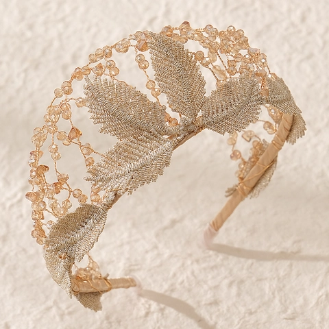Handgefertigtes Vintage Braut Stirnband Gold Blatt Mit Champagner Künstliche Perlen Strass Hochzeit Haarschmuck Damen Luxus Kopfschmuck