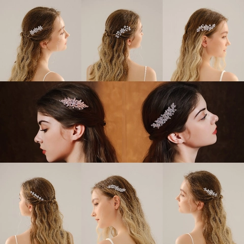 Zirconia Bloem Blad Bruids Haarkam Voor Vrouwen Legering Ingelegd Glinsterende Bruiloft Hoofdtooi Zilver Roségoud Mode Haar Sieraden Accessoires