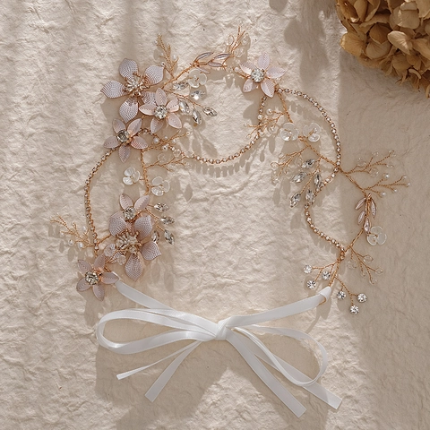 Fascia Capelli Sposa Fiori Fatta a Mano Lega Strass Perla Artificiale Vite Capelli Regolabile Nastro Bianco Accessorio Matrimonio
