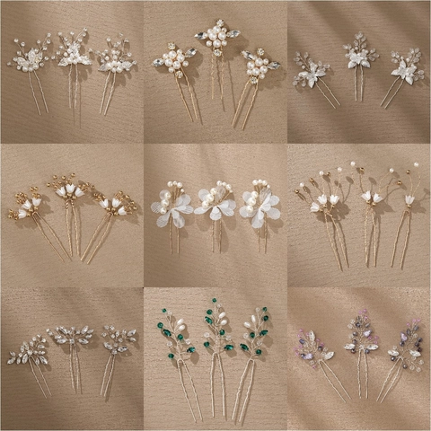 Handmade Bridal Hair Pins Alloy Rhinestone Imitation Artificial Pearl Flower Leaf Hair Sticks For Wedding Party Women Hair Jewelry